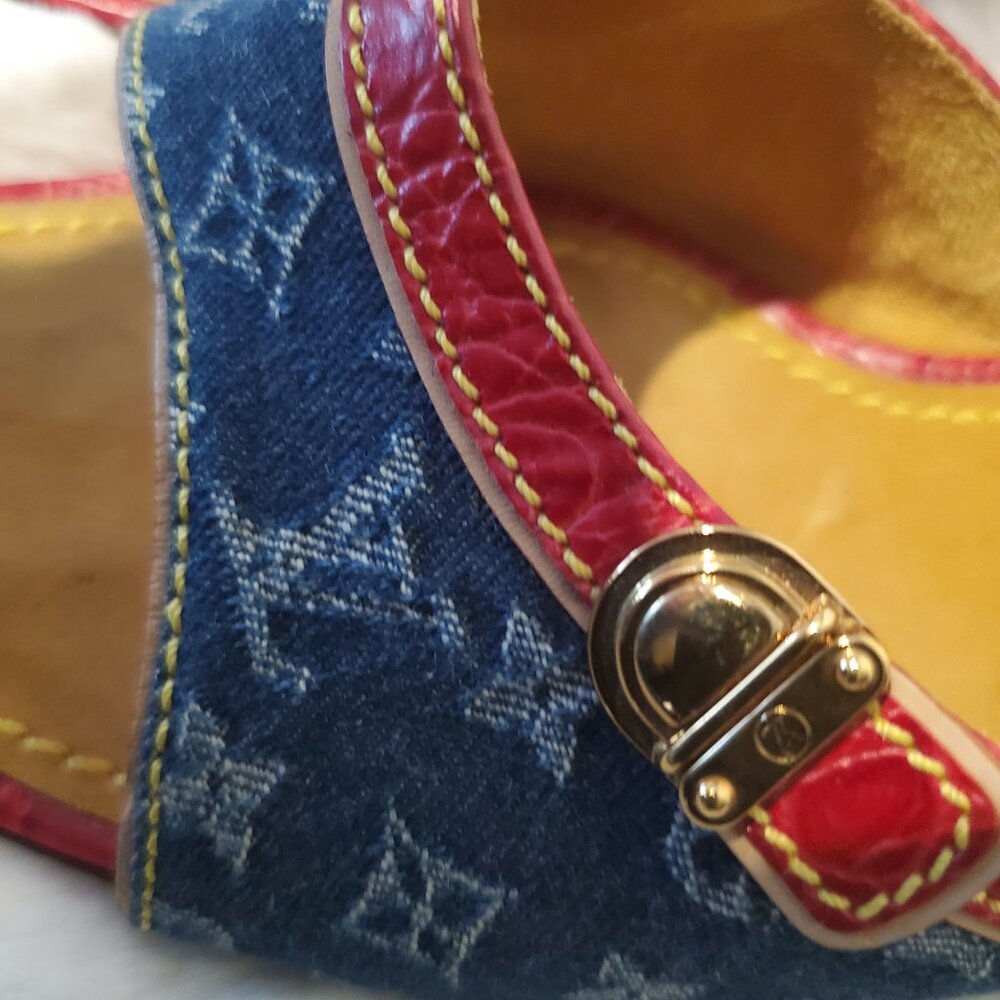 Louis Vuitton Monogram Denim Slide Sandals Red Leather Y2K LV Mule Luxury Size 9 - Picture 2 of 16